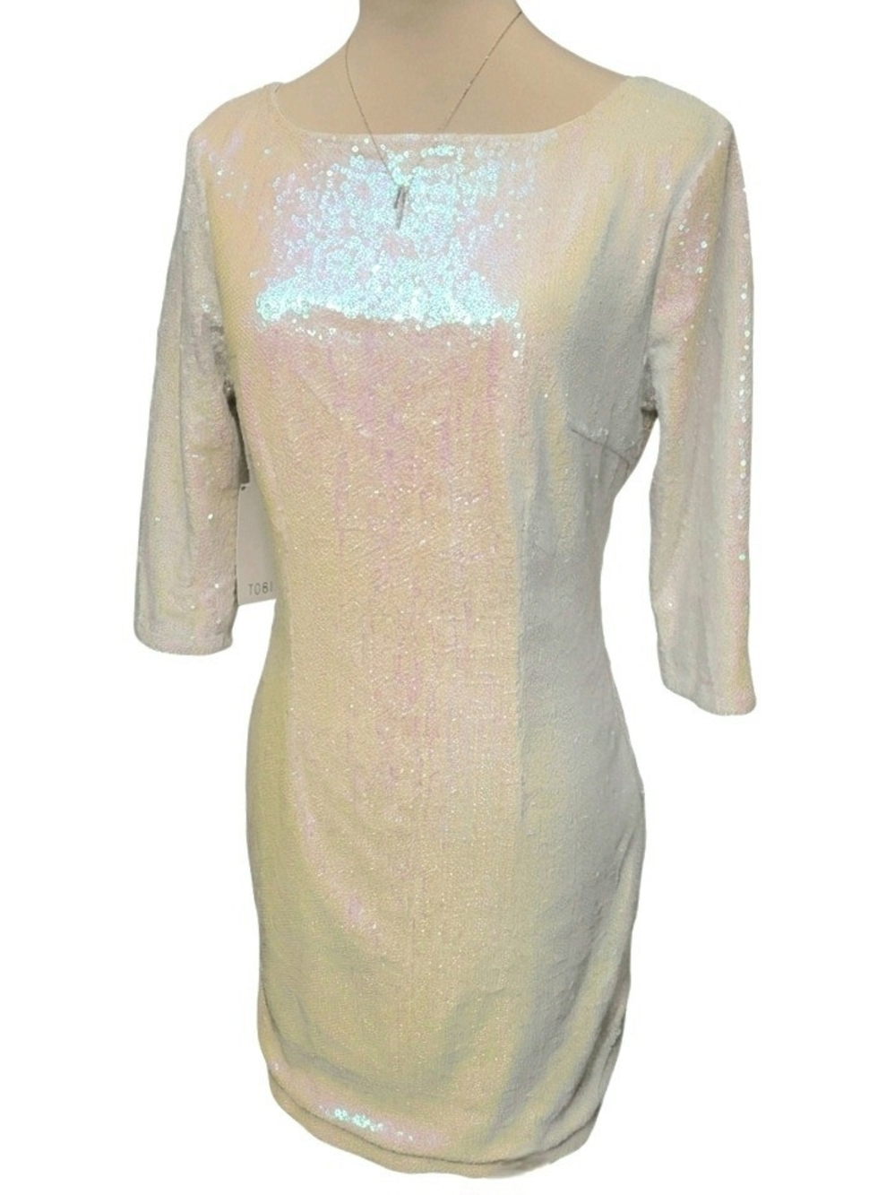 Sz L Tobi Iridescent Sequin Sheath Dress - White/Pale Pink